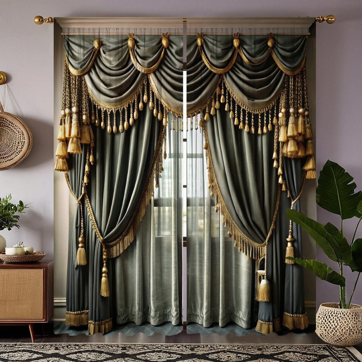 2pcs HD digital curtain printing simulation valance green department simple European light luxury atmosphere home decoration - SHOWLU FASHION STORE