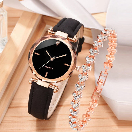 2pcs Luxury Fashion Women Watch Set PU Leather Strap Ladies Quartz Wristwatch Rhinestone RoseGold Alloy Bracelet for Ladies Gift - SHOWLU FASHION STORE