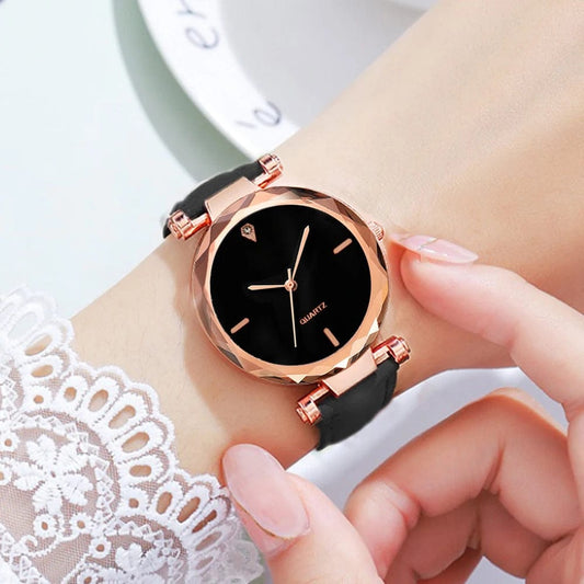 2pcs Luxury Fashion Women Watch Set PU Leather Strap Ladies Quartz Wristwatch Rhinestone RoseGold Alloy Bracelet for Ladies Gift - SHOWLU FASHION STORE