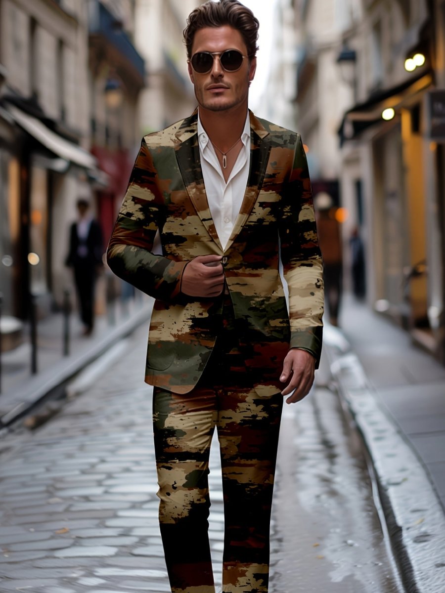 Men's brown camo slim fit shawl collar suit by Showlu Fashion, includes tailored blazer and matching pants, casual and stylish.