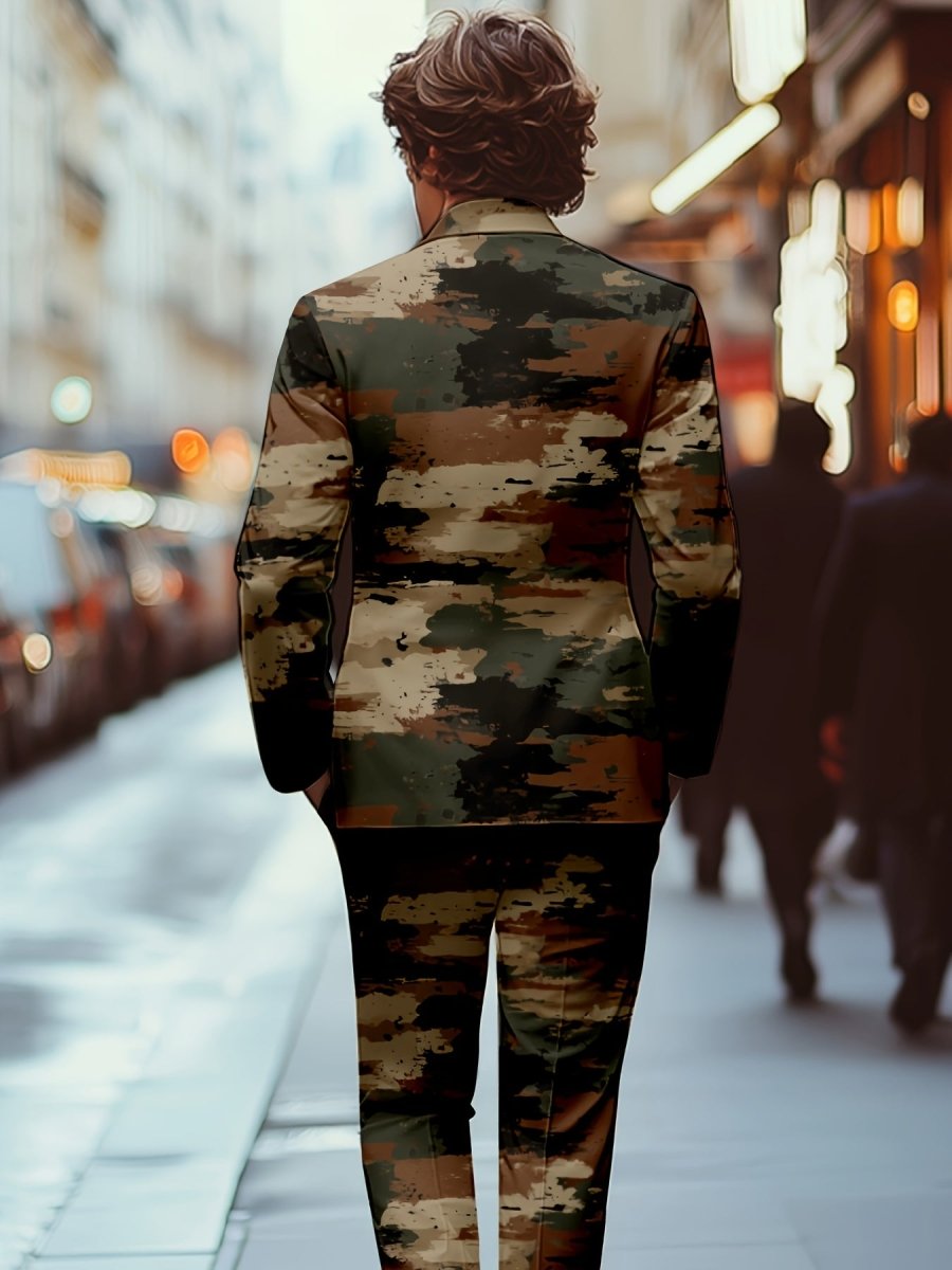 Men's brown camo slim fit shawl collar suit by Showlu Fashion, includes jacket and pants, casual vintage style for autumn or spring.