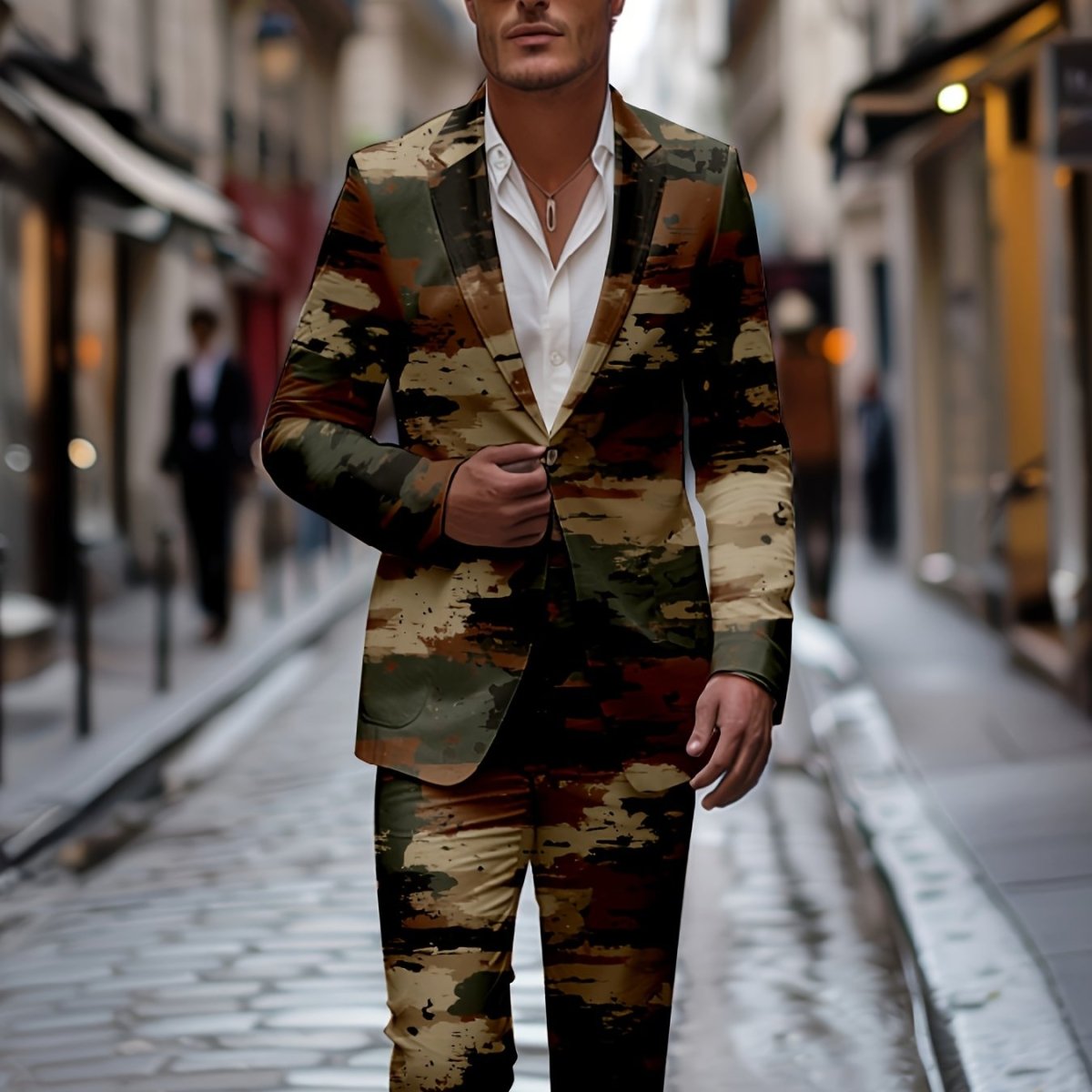 Showlu Fashion men's 2-piece slim fit shawl collar suit in brown camo, includes blazer and pants, casual vintage style for autumn or spring.