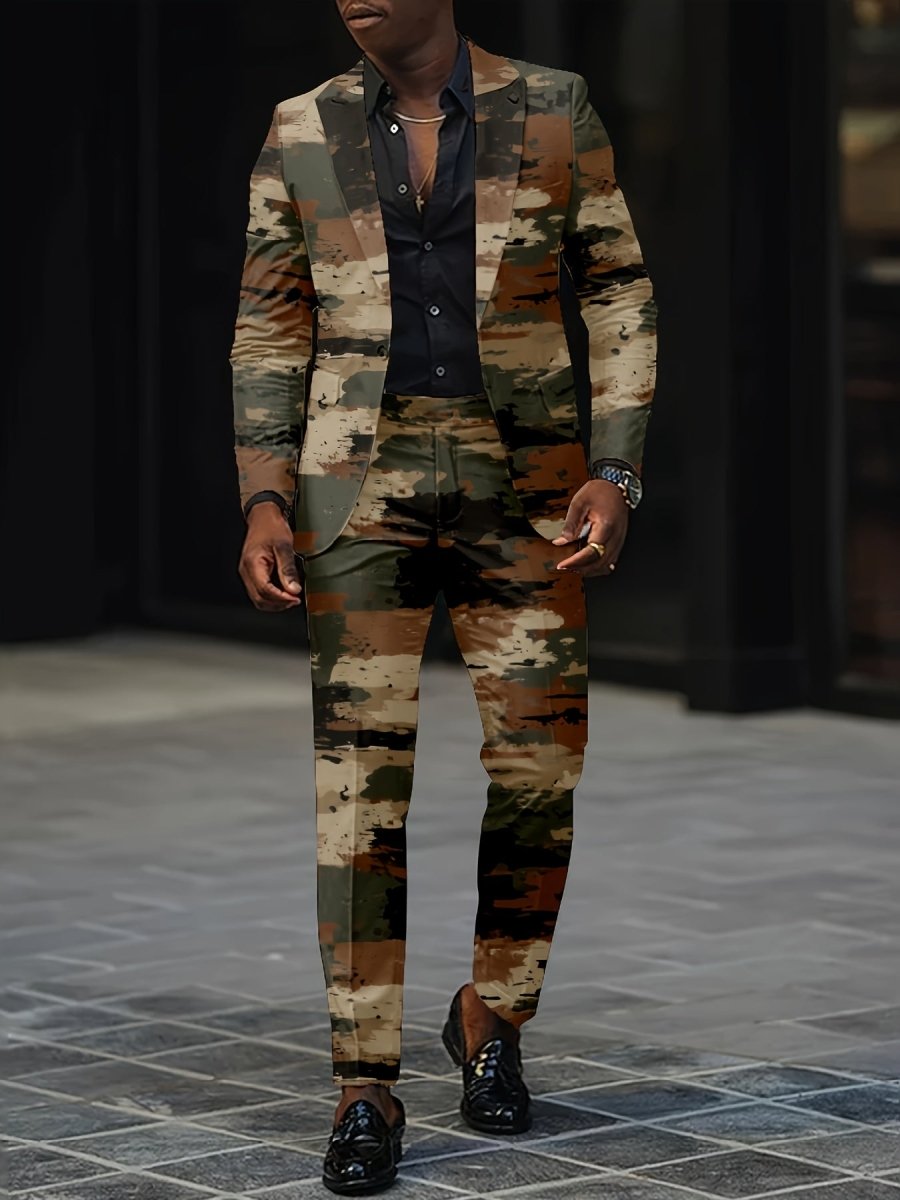 Showlu Fashion men's 2-piece slim fit shawl collar suit in brown camo with pockets and buttons, perfect for casual, outdoor, or dating wear.