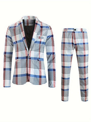 2pcs Plaid Pattern Men's Dress Suit - Classic Notch Lapel Blazer & Dress Pants for Party, Casual, and Leisure Fashion Wear with Elegant Style - SHOWLU FASHION STORE