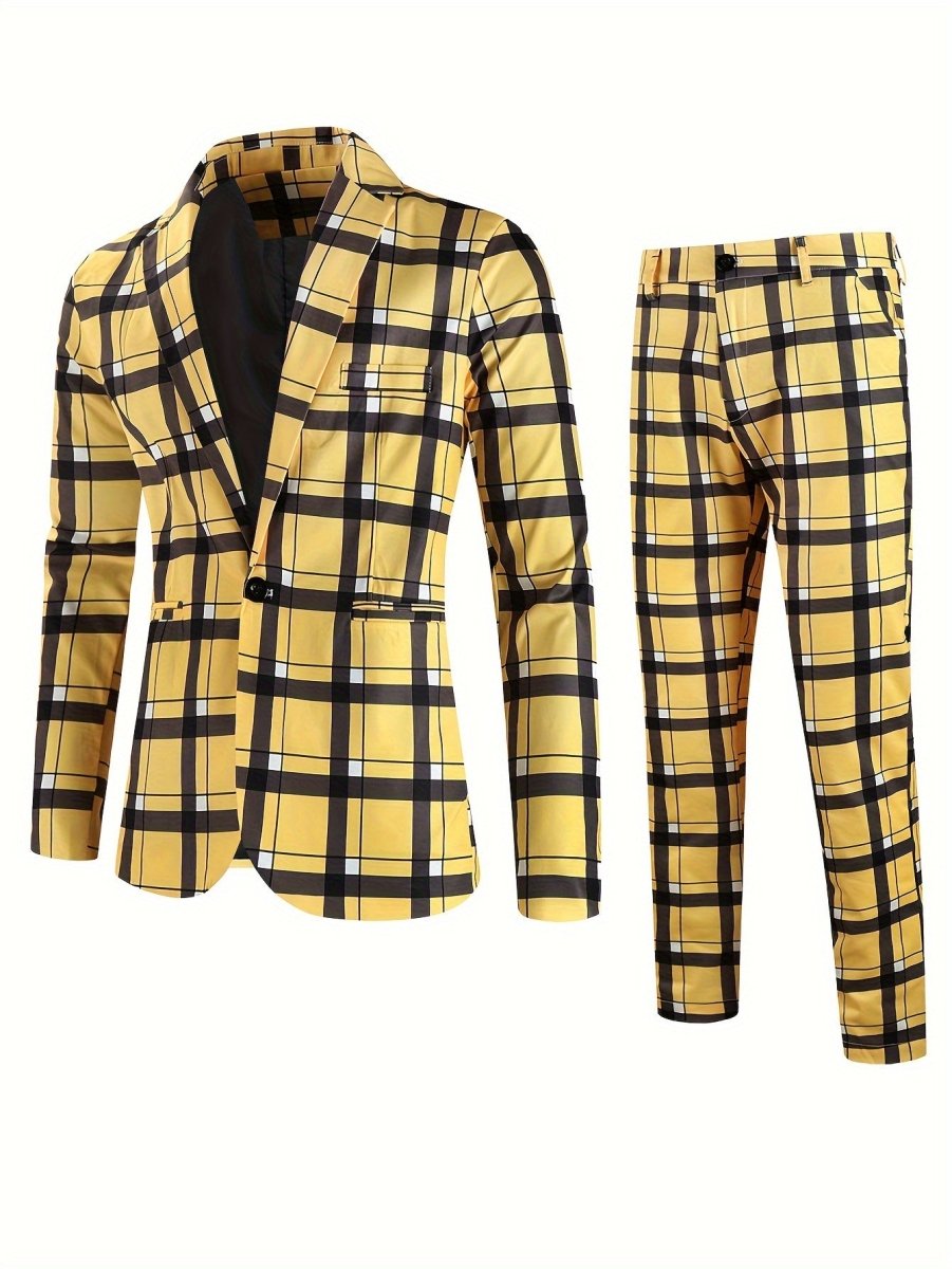 2pcs Plaid Pattern Men's Dress Suit - Classic Notch Lapel Blazer & Dress Pants for Party, Casual, and Leisure Fashion Wear with Elegant Style - SHOWLU FASHION STORE