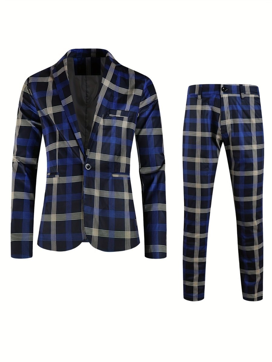 2pcs Plaid Pattern Men's Dress Suit - Classic Notch Lapel Blazer & Dress Pants for Party, Casual, and Leisure Fashion Wear with Elegant Style - SHOWLU FASHION STORE