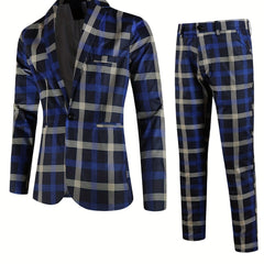 2pcs Plaid Pattern Men's Dress Suit - Classic Notch Lapel Blazer & Dress Pants for Party, Casual, and Leisure Fashion Wear with Elegant Style - SHOWLU FASHION STORE