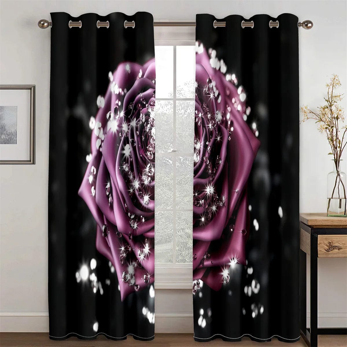 2pcs Red Rose Flower Diamond Gold 3D Design Luxury Girl Window Curtains for Living Room Bedroom Kitchen Door Hall Home Decor - SHOWLU FASHION STORE