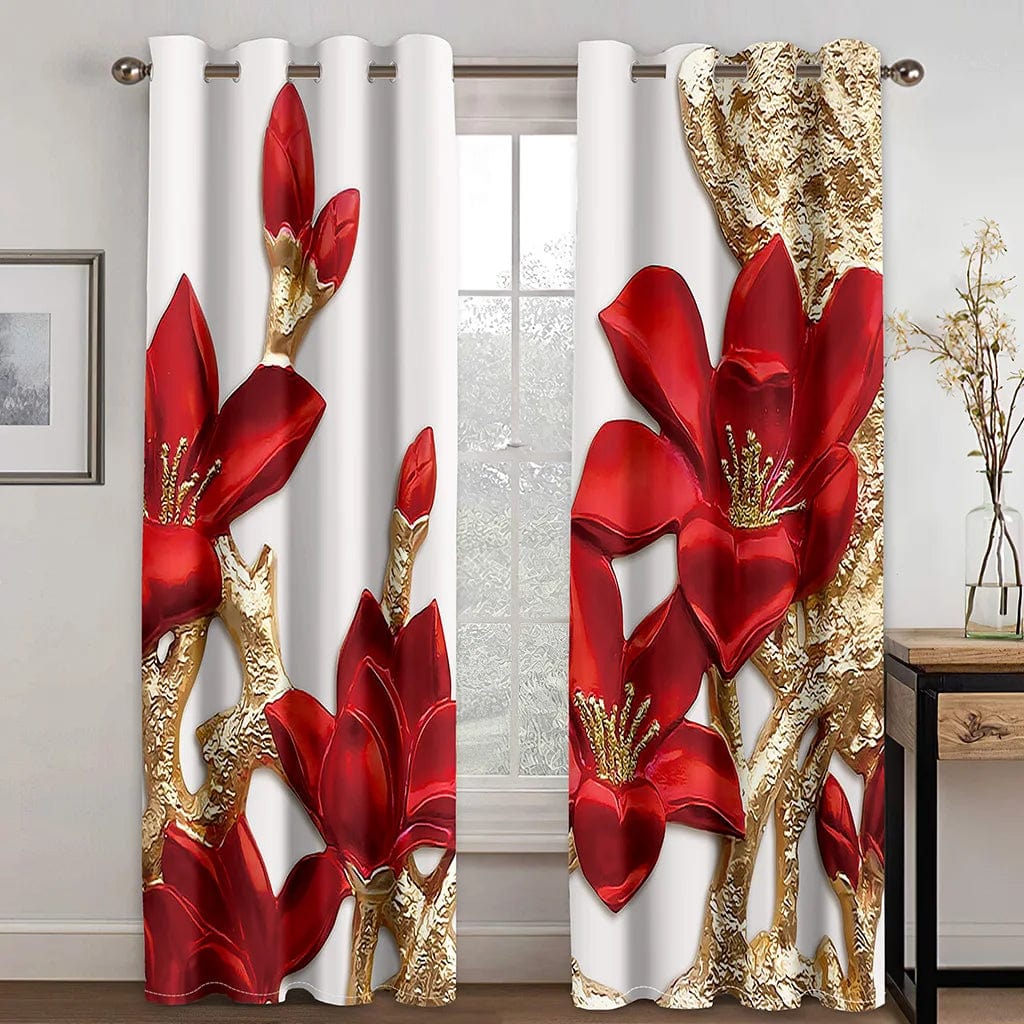 2pcs Red Rose Flower Diamond Gold 3D Design Luxury Girl Window Curtains for Living Room Bedroom Kitchen Door Hall Home Decor - SHOWLU FASHION STORE