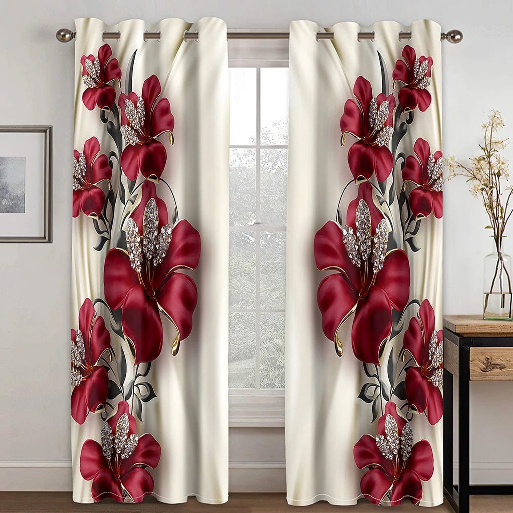 2pcs Red Rose Flower Diamond Gold 3D Design Luxury Girl Window Curtains for Living Room Bedroom Kitchen Door Hall Home Decor - SHOWLU FASHION STORE