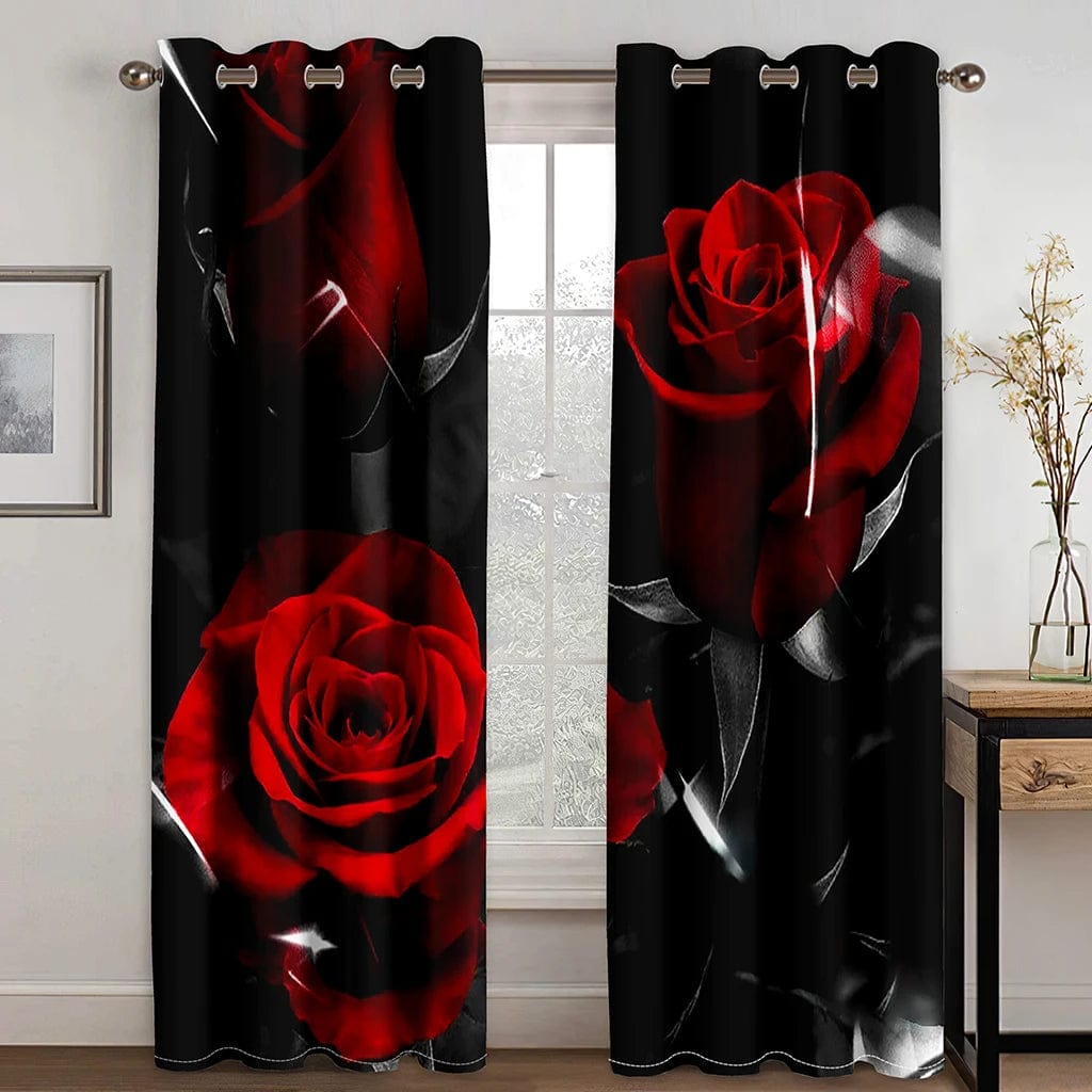 2pcs Red Rose Flower Diamond Gold 3D Design Luxury Girl Window Curtains for Living Room Bedroom Kitchen Door Hall Home Decor - SHOWLU FASHION STORE