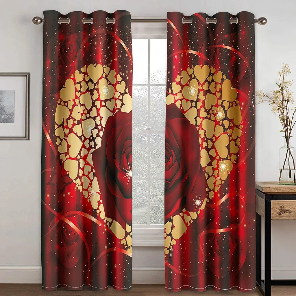 2pcs Red Rose Flower Diamond Gold 3D Design Luxury Girl Window Curtains for Living Room Bedroom Kitchen Door Hall Home Decor - SHOWLU FASHION STORE