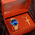 Gold stainless steel mesh men's watch and necklace set, luxury quartz wristwatch with matching chain, stylish business accessories.