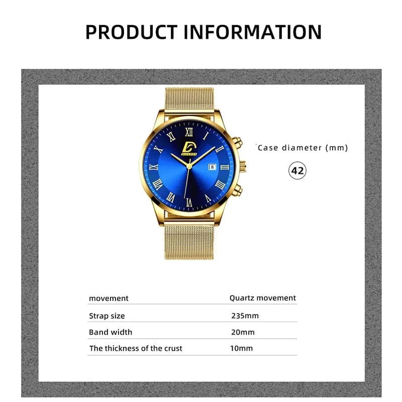 Men's gold stainless steel mesh watch and necklace set, luxury quartz wristwatch with matching pendant on a chain.