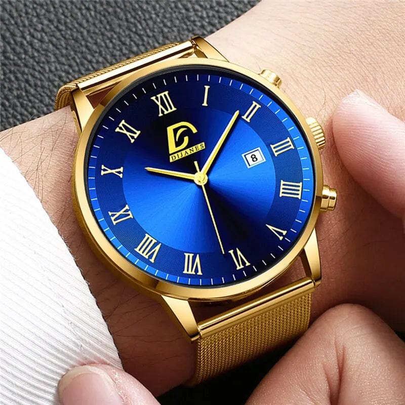 Men's gold stainless steel mesh watch and necklace set with quartz watches and stylish accessories, ideal for business and fashion.