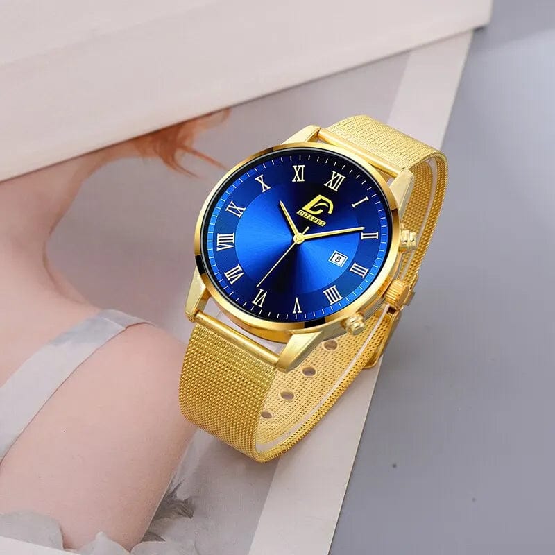 Men's gold stainless steel mesh watch and necklace set with quartz watch and matching jewelry, stylish and luxurious for men.