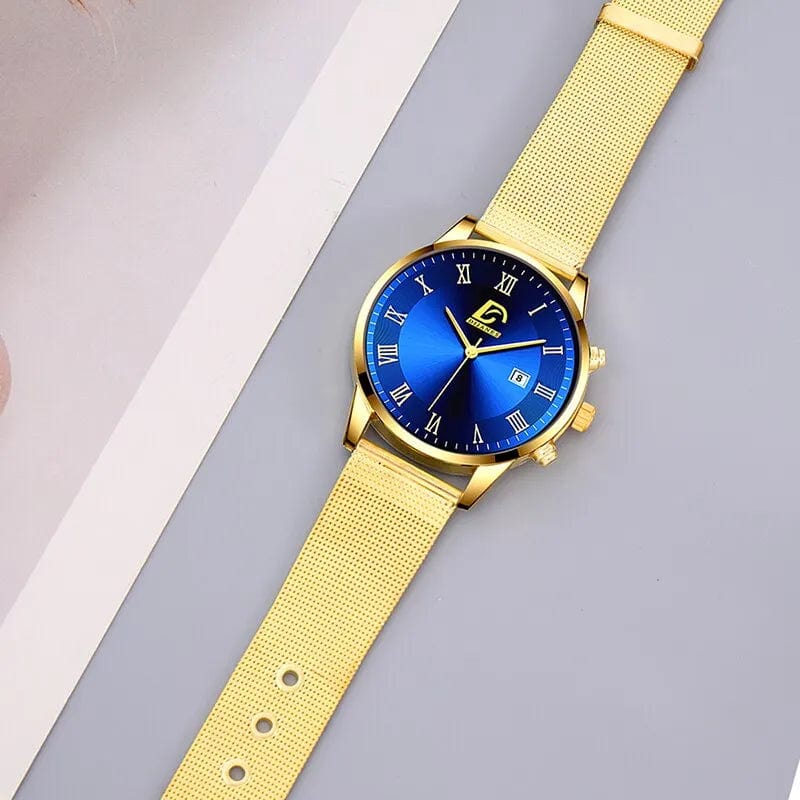 Dijanes men's gold stainless steel mesh watch and matching necklace set with quartz watch and stylish jewelry for men.