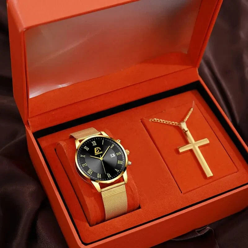 Men's gold stainless steel mesh watch and necklace set featuring quartz watches and stylish accessories for luxury fashion.