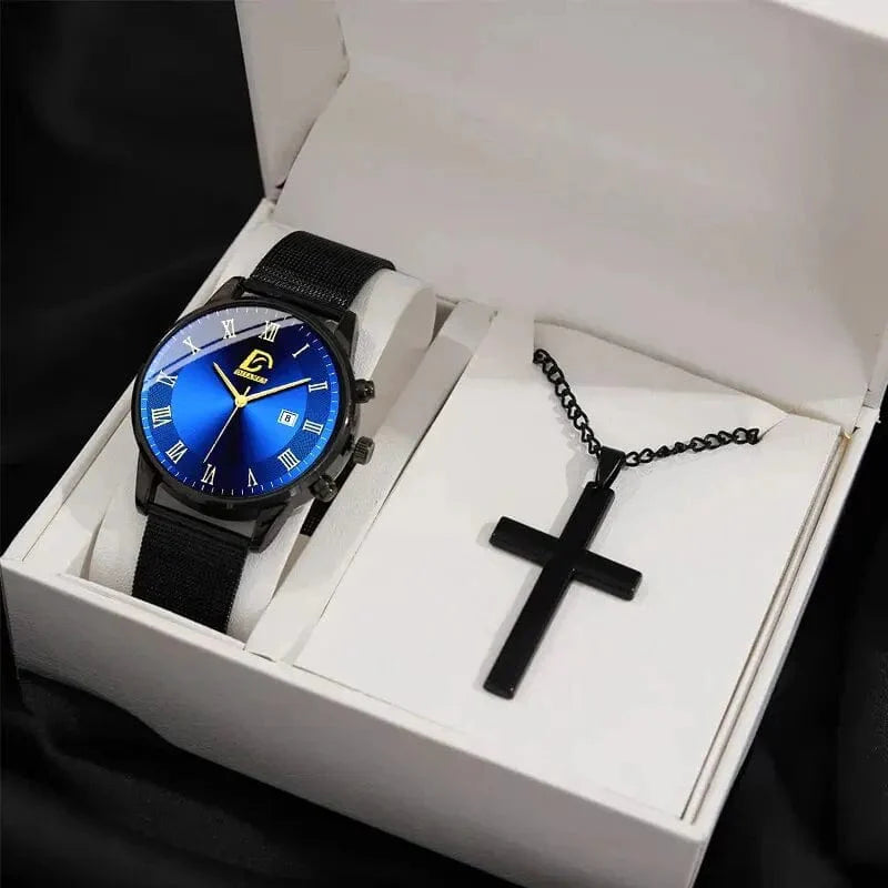 Showlu Fashion men's gold stainless steel mesh watch and necklace set with quartz watch and stylish jewelry for men.