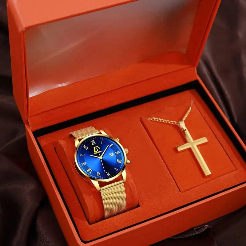 Men's gold stainless steel mesh watch and necklace set featuring a quartz wristwatch and matching chain for stylish accessories.