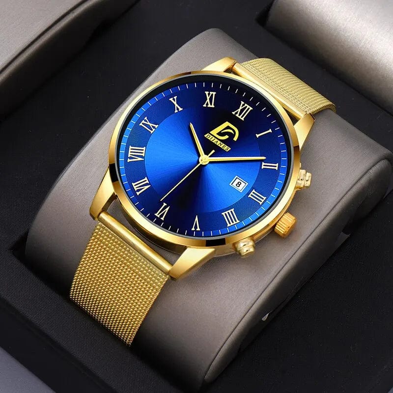 Dijanes men's gold stainless steel mesh watch and necklace set with quartz watch and stylish matching jewelry for men.