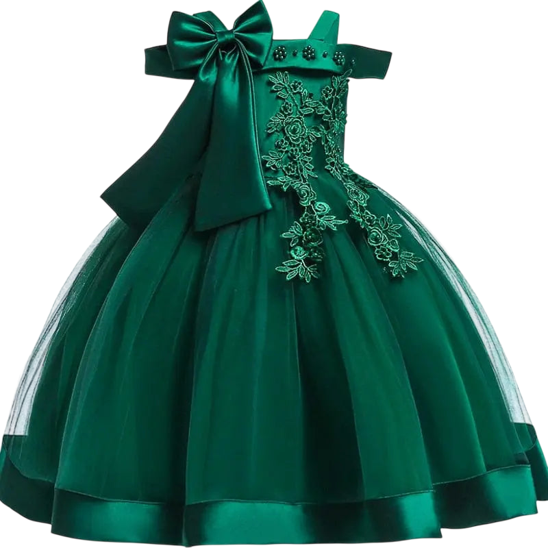 Girls' flower applique ball gown by Showlu Fashion Store, elegant birthday and party dress with bow for ages 3-10.