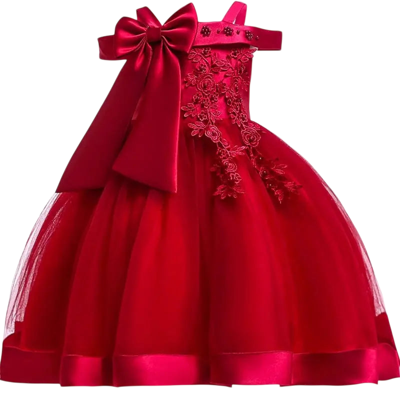 Girls' flower applique ball gown by Showlu Fashion Store, elegant birthday party dress with floral details and bow for ages 3-10.