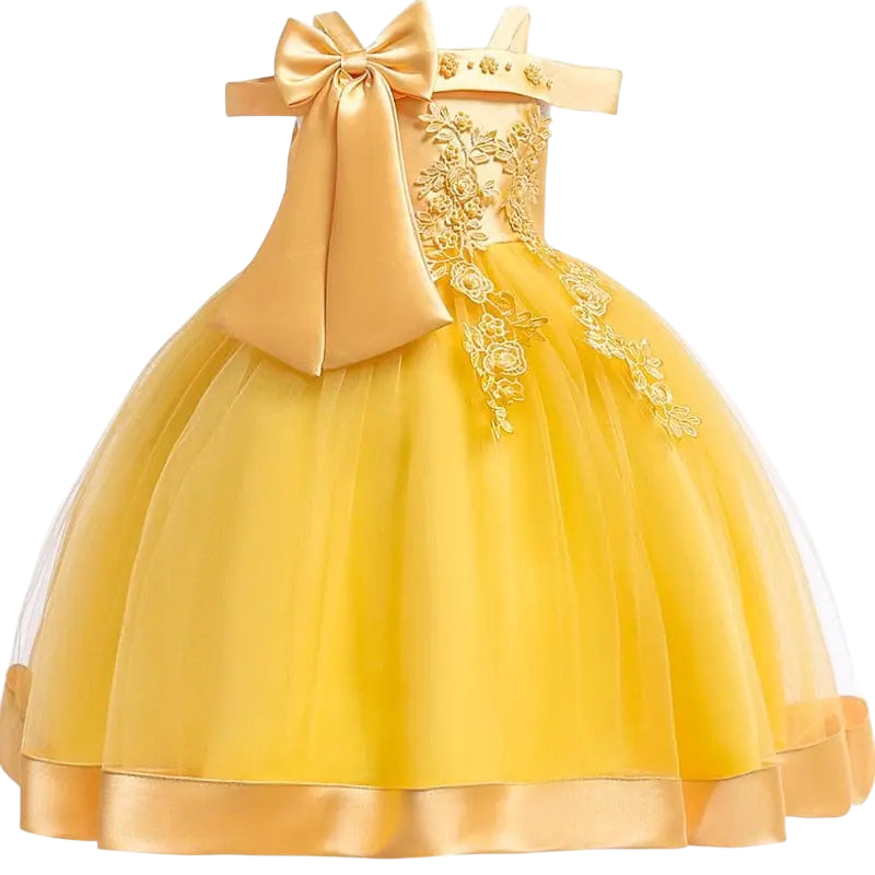 Girls' flower applique ball gown by Showlu Fashion Store, elegant birthday party dress with bow and floral details for ages 3-10.