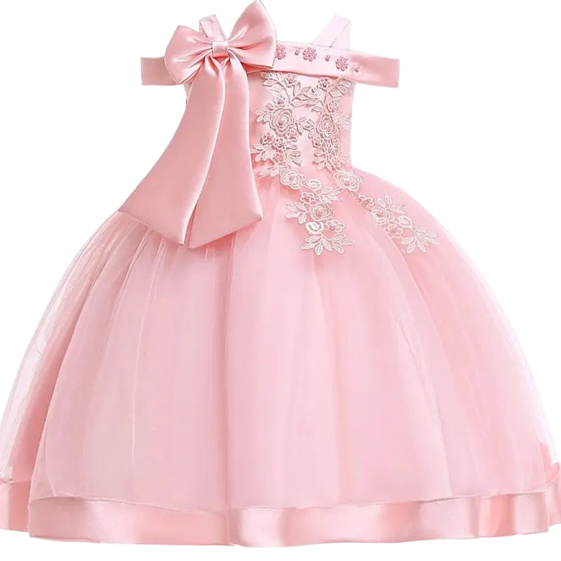 Girls' flower applique ball gown by Showlu Fashion Store, elegant birthday and wedding dress with bow for ages 3-10.