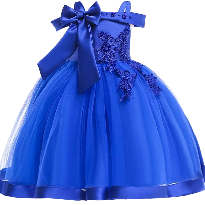 Girls' flower applique ball gown from Showlu Fashion Store, elegant birthday party dress with bow and floral details for kids aged 3-10.