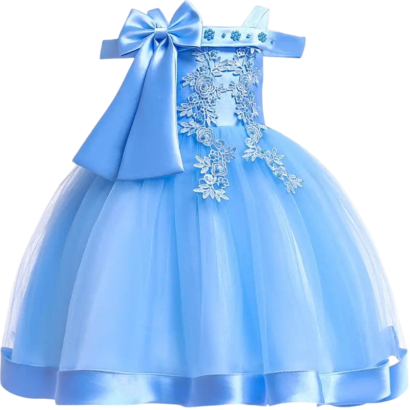 Girls' flower applique ball gown by Showlu Fashion Store, elegant birthday party dress with bow and floral details for ages 3-10.