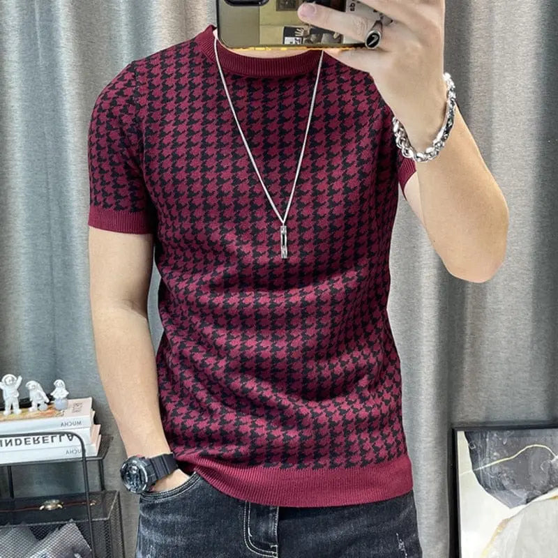 Men's slim fit color contrast knitting T-shirt featuring short sleeves and streetwear style, shown in three vibrant colors.