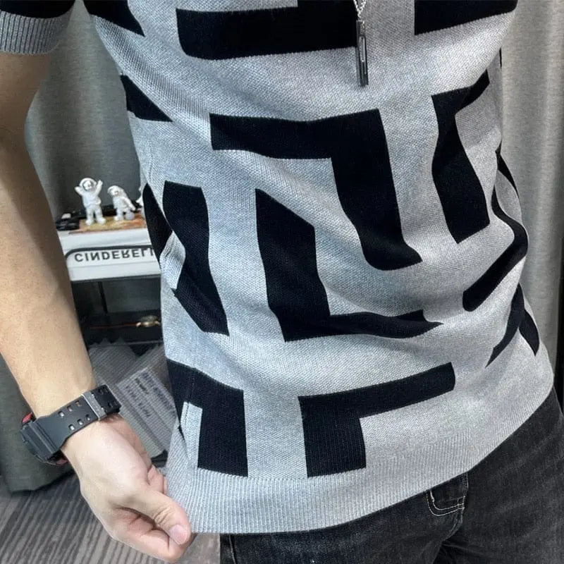 Men's slim fit color contrast knitting T-shirt with short sleeves, streetwear style, by Showlu Fashion Store.