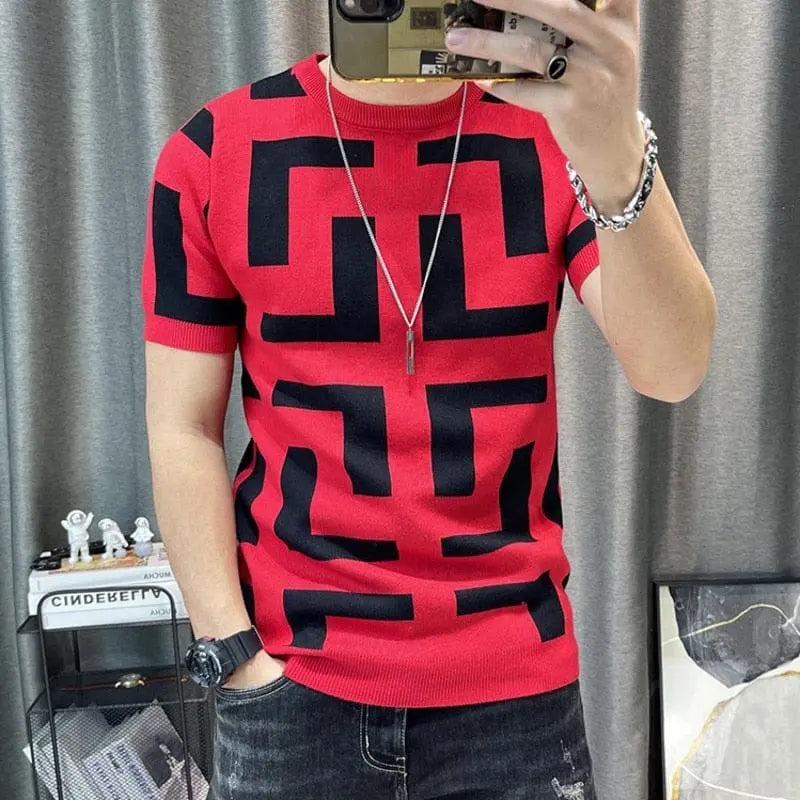 Men's slim fit color contrast knitting T-shirt by Showlu Fashion Store, short sleeves, streetwear style, vibrant color blocking.
