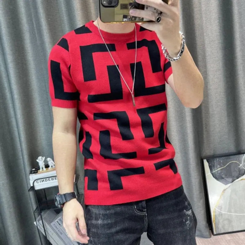 Men's slim fit color contrast knitting T-shirt with short sleeves, stylish streetwear tee by Showlu Fashion Store.