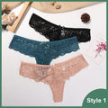 Three-pack of women's lace thong panties featuring transparent G-string design, low waist, and T-back style from Anel Demosthene.