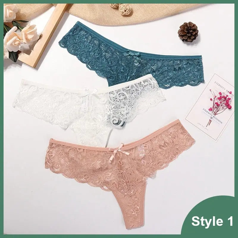 Three pairs of women's lace thong panties featuring transparent G-strings and low-waist design from Anel Demosthene General Store.