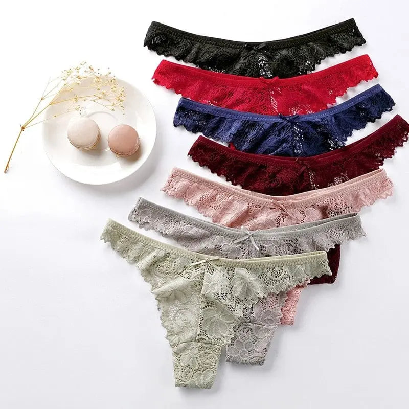 Three pairs of Anel Demosthene Women's lace thong panties, transparent G-string lingerie with T-back design, low waist fit.