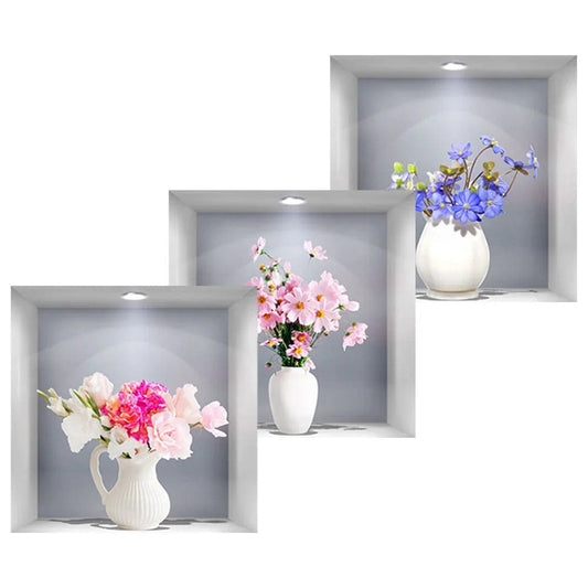 3 Pcs 3D Three - dimensional Simulation Window Flower Wall Sticker Vase Household - SHOWLU FASHION STORE