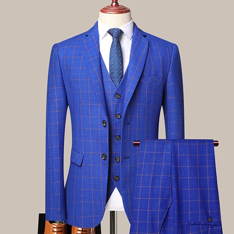 3 Pcs Blazers Pants Vest Set / 2023 New Men's Business Professional Classic Fashion Banquet Plaid Coat Waistcoat 2 Pcs Suits - SHOWLU FASHION STORE