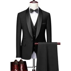 3 Pcs Men Lapel Black Collar Suit Set Coat Vest Trousers / Business Groomsmen Groom Wedding Dress Fprmal Blazer Pants Waistcoat - SHOWLU FASHION STORE