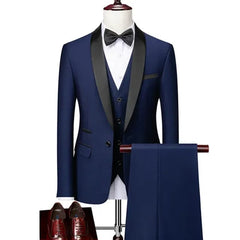 3 Pcs Men Lapel Black Collar Suit Set Coat Vest Trousers / Business Groomsmen Groom Wedding Dress Fprmal Blazer Pants Waistcoat - SHOWLU FASHION STORE