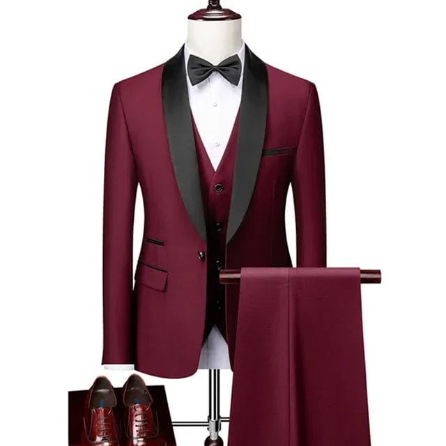 3 Pcs Men Lapel Black Collar Suit Set Coat Vest Trousers / Business Groomsmen Groom Wedding Dress Fprmal Blazer Pants Waistcoat - SHOWLU FASHION STORE