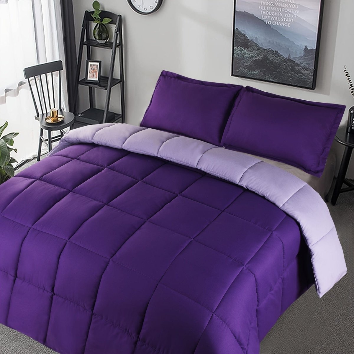 Showlu Queen 3-piece reversible down alternative comforter set with two shams, soft polyester cover, hypoallergenic fill, breathable liner