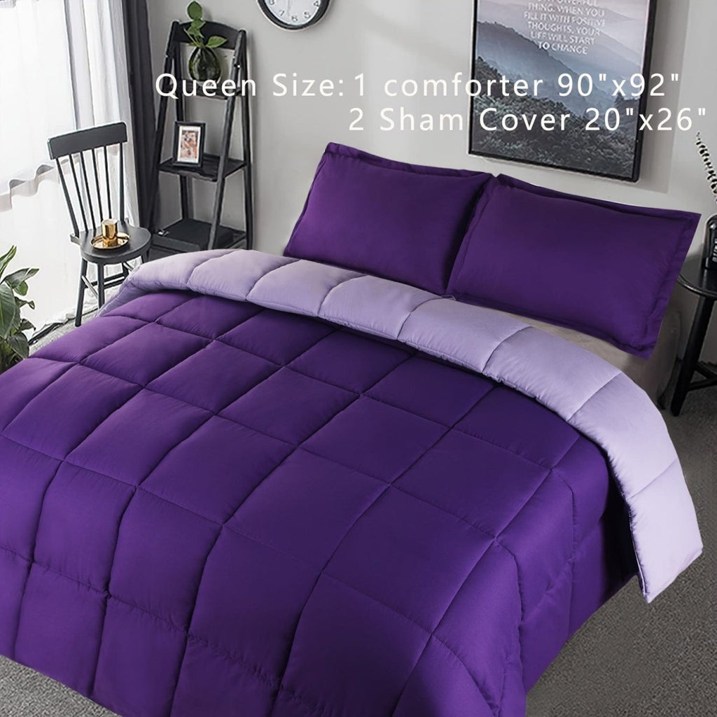 Showlu 3-piece reversible down alternative comforter set with two sham covers, soft polyester cover, hypoallergenic fill, queen size.