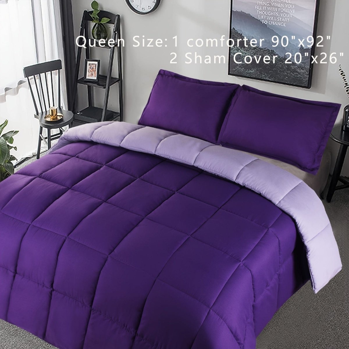 Showlu 3-piece reversible down alternative comforter set with two sham covers, soft polyester cover, hypoallergenic fill, queen size.
