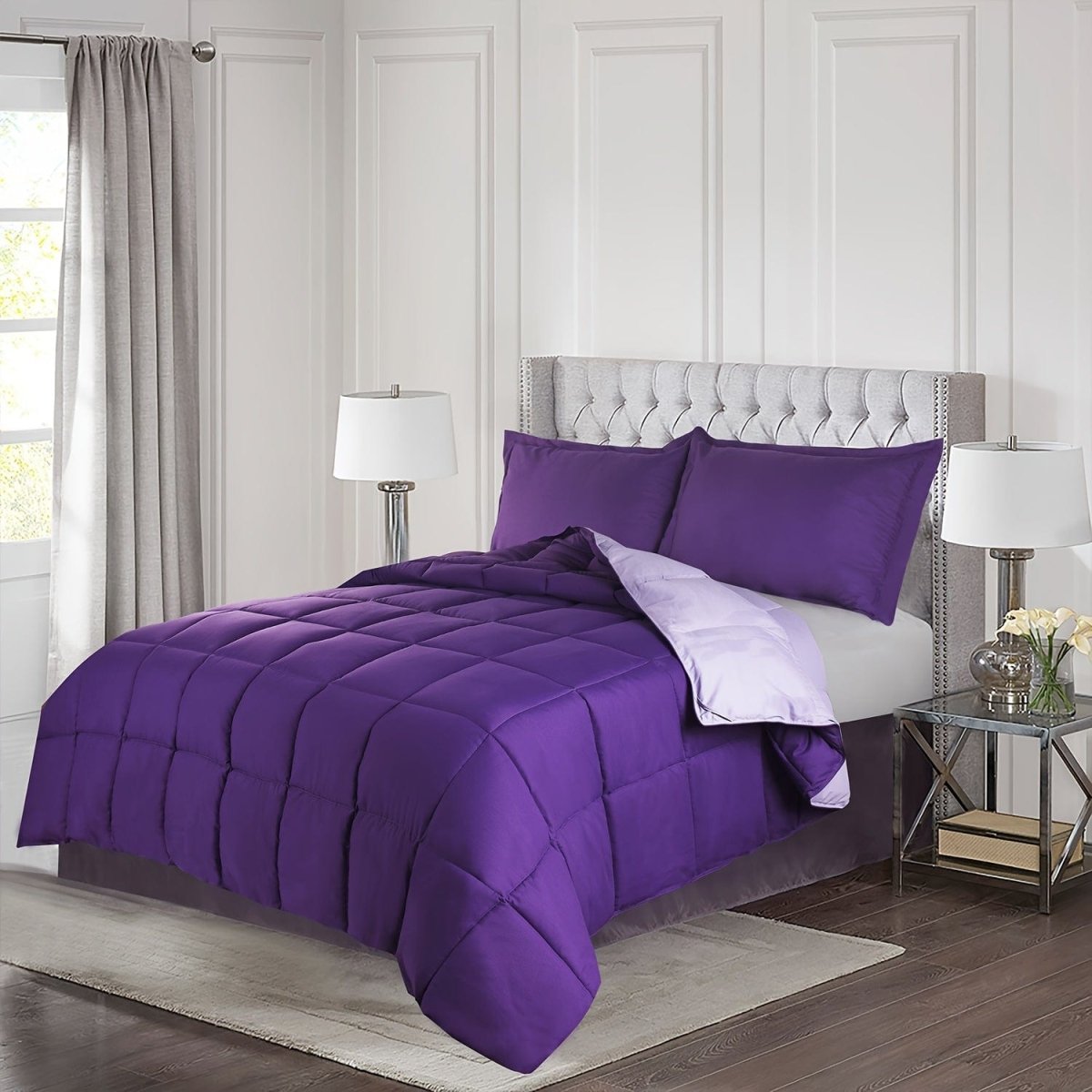 Showlu Queen 3-piece reversible down alternative comforter set with two sham covers, soft polyester cover, and hypoallergenic fill.