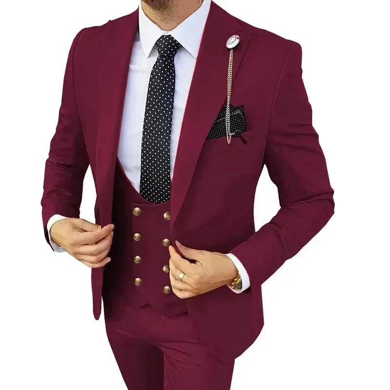 SHOWLU FASHION men's 3-piece slim fit suit with blazer, dress shirt, trousers, and vest for formal business or wedding occasions.