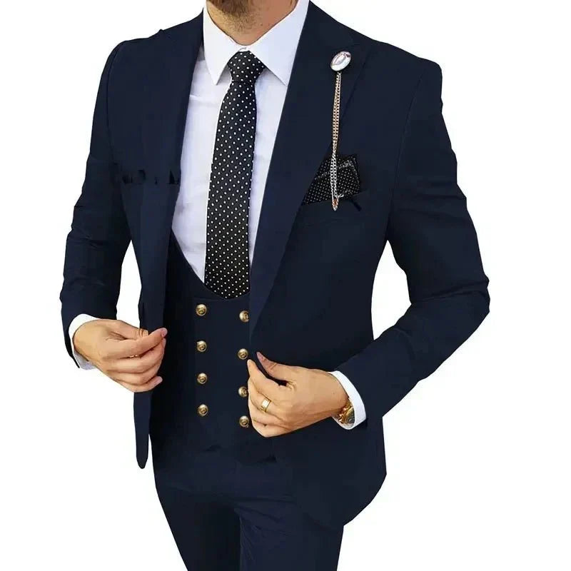 SHOWLU FASHION men's 3-piece slim fit suit with blazer, vest, and trousers, ideal for formal business or wedding occasions.