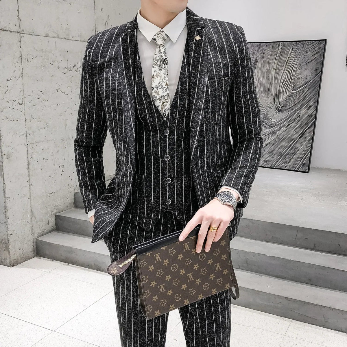 3 Pcs Suit Set Jacket Pants Vest / 2023 Fashion New Men's Casual Boutique Business Linen Striped Slim Formal Dress Blazers Coat - SHOWLU FASHION STORE